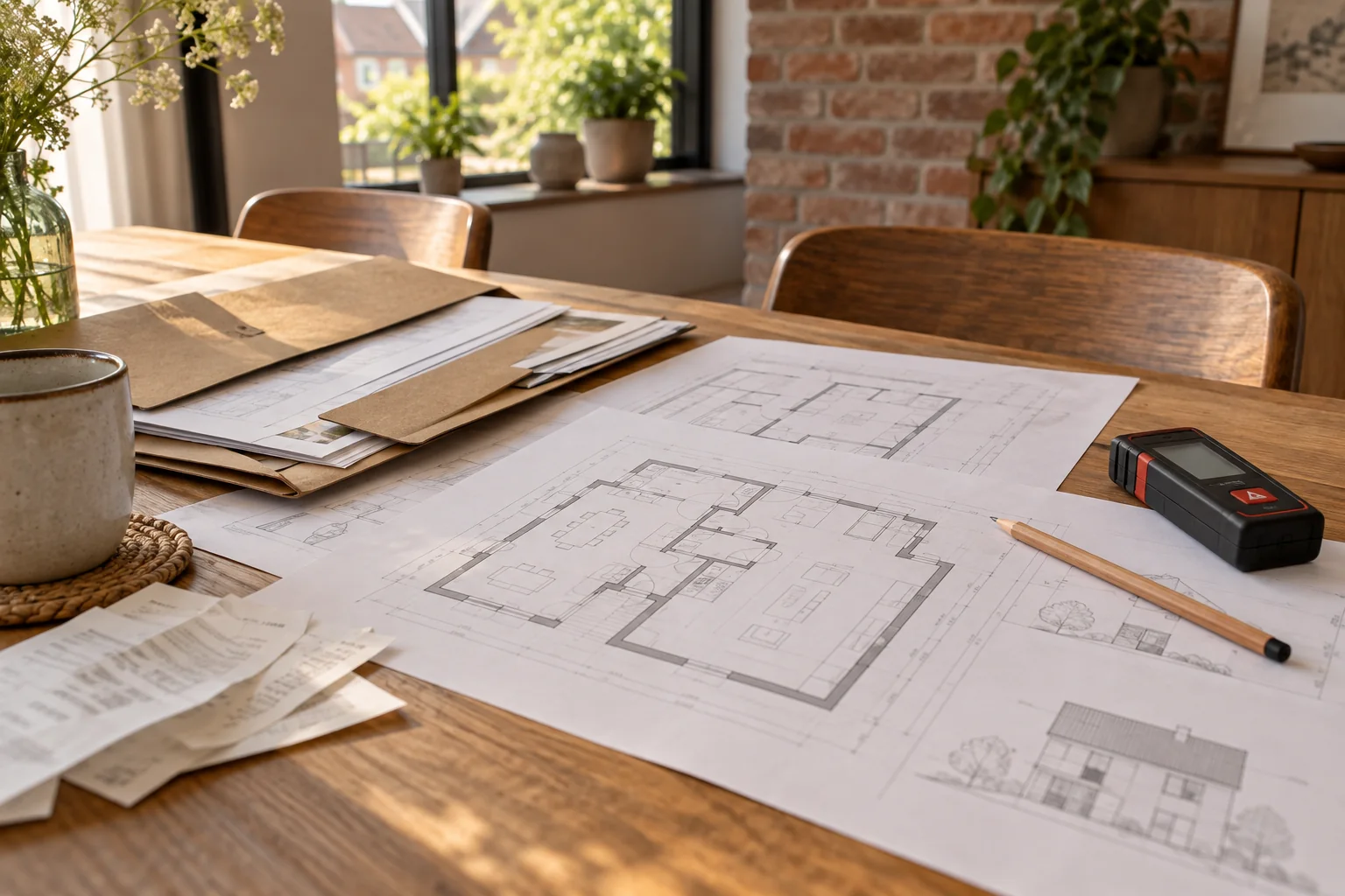 Sfeerbeeld van bouwplannen, documenten en een afstandsmeter op een houten tafel
