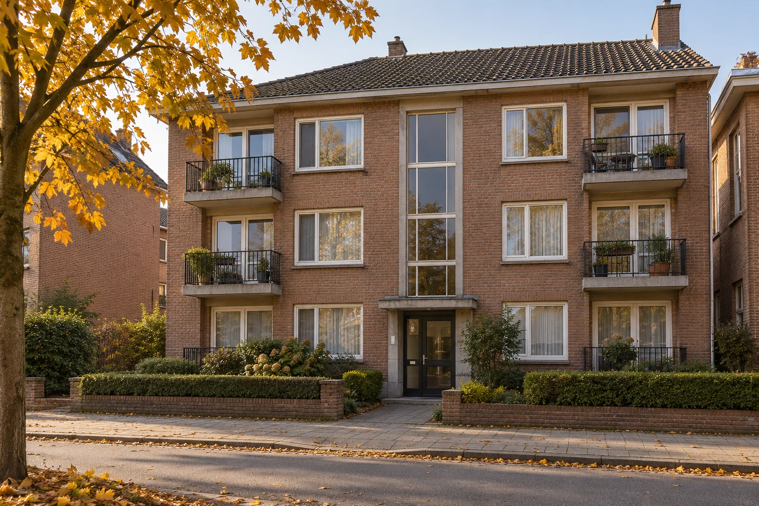 Sfeerbeeld van een bakstenen appartementsgebouw met een gemeenschappelijke inkom